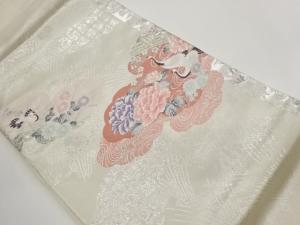 プラチナ箔二重織雲に花々・鶴・流水模様織出し名古屋帯